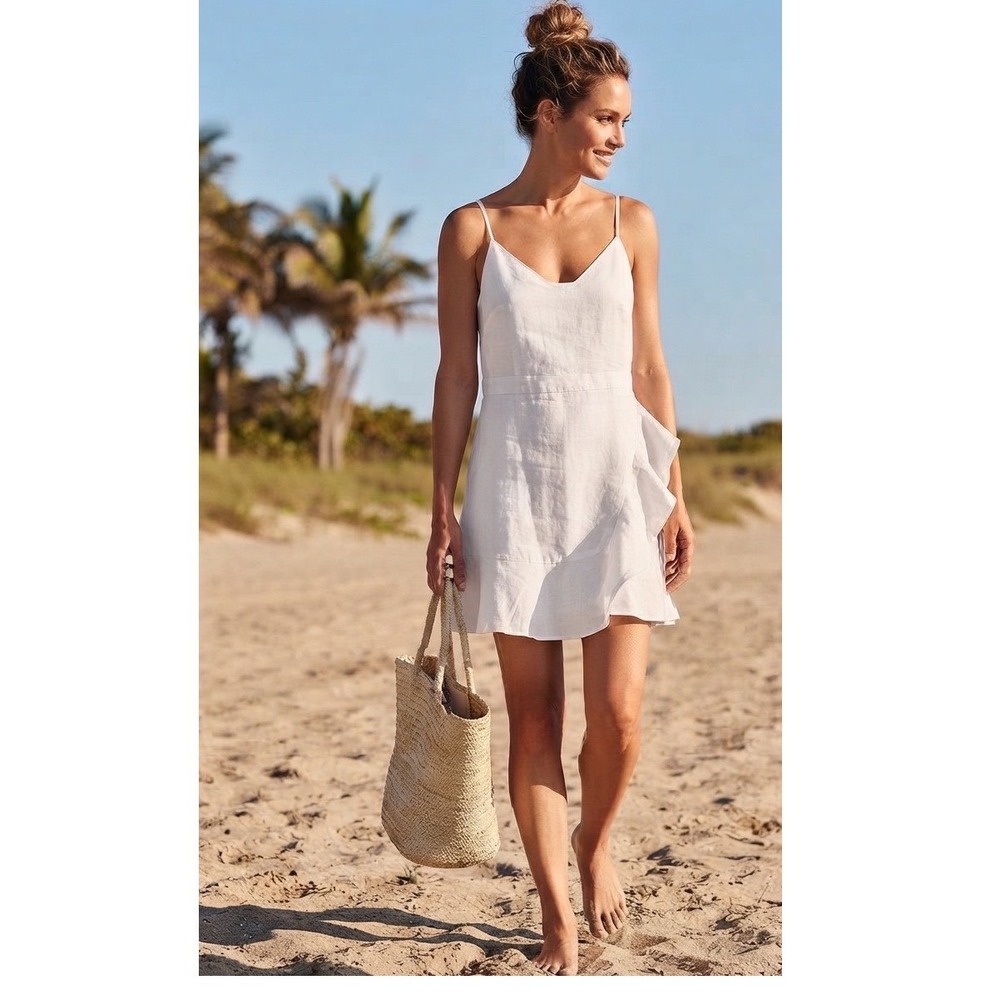 NWT Banana Republic White Ruffle linen blend Mini Dress Petite 12 Boho Summer